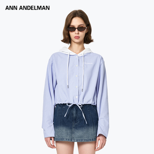 ANDELMAN官方直营秋季 纽扣开衫 新款 连帽外套短款 上衣 格子衬衫 ANN