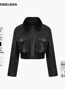 ANN ANDELMAN官方直营黑色毛领短款皮外套女秋冬翻领加厚保暖夹克