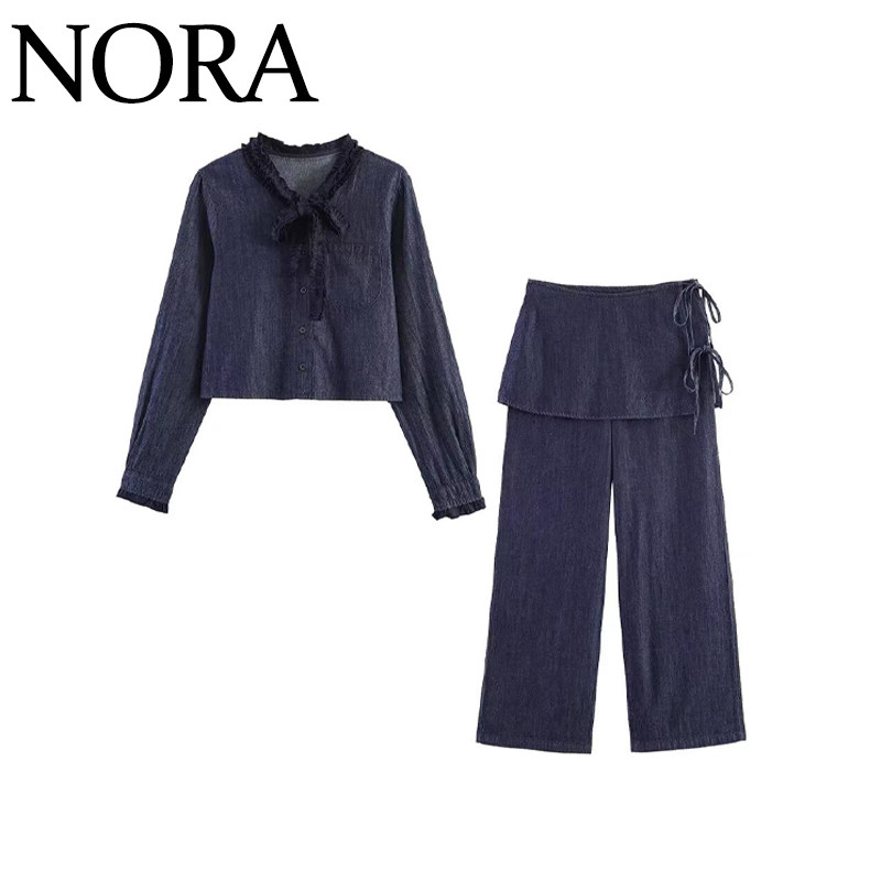 蝴蝶结门襟牛仔衬衫外套休闲长裤