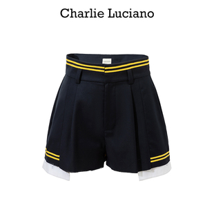 Charlie Luciano条纹设计毛边短裤2025春季新款宽松运动休闲裤潮