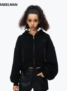 ANN ANDELMAN官方直营2025新品黑色长袖修身短款拉链连帽卫衣开衫