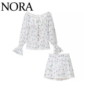 NORA 欧美风 ZA女装 新款时尚气质一字肩提花喇叭袖上衣短裤套装
