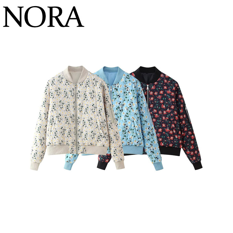 立领修身碎花飞行员夹克棉服外套