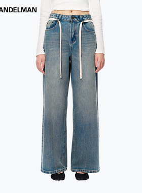 【明星同款】ANN ANDELMAN蓝色阔腿基础水洗牛仔裤腰部绑带长裤