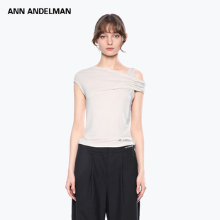 T恤女收腰显瘦上衣 不对称立裁褶皱斜肩短袖 ANN ANDELMAN官方直营