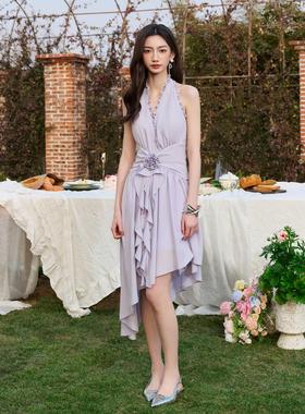 Three Quarters 25SS紫色V领收腰立体花朵浪漫褶皱千金风连衣裙