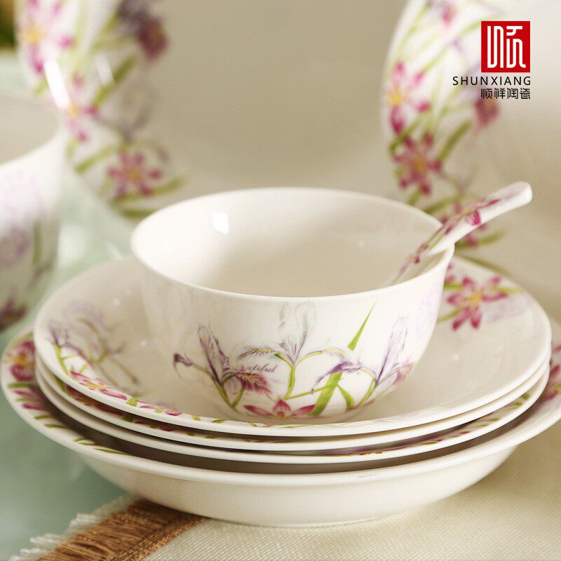顺祥中式碗碟套装花卉家用耐高温结婚餐具乔迁新居可放洗碗机碗盘