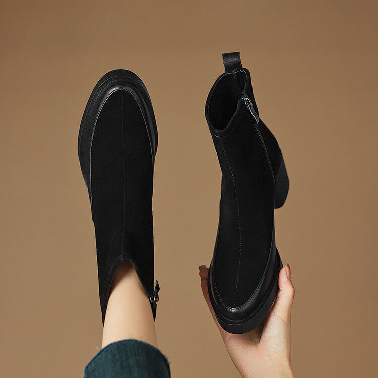 大码34-43码秋冬新款粗跟真皮短靴女加绒复古棕色拼接厚底马丁靴