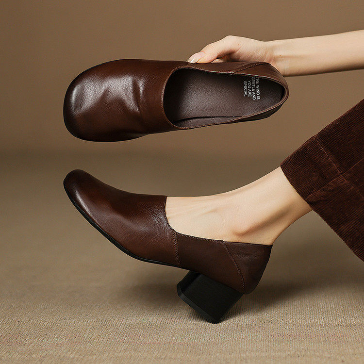 超软牛皮~5cm春秋新款深口单鞋女软底通勤高跟鞋百搭女士粗跟皮鞋