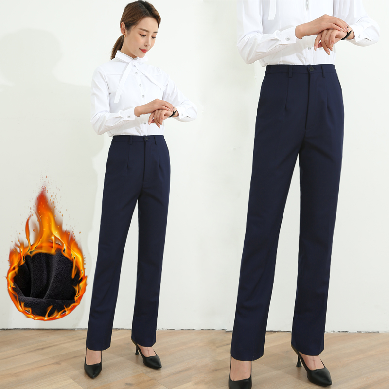 工作西装裤女藏青蓝色直筒职业西装裤加绒工作裤制服行服女西裤冬