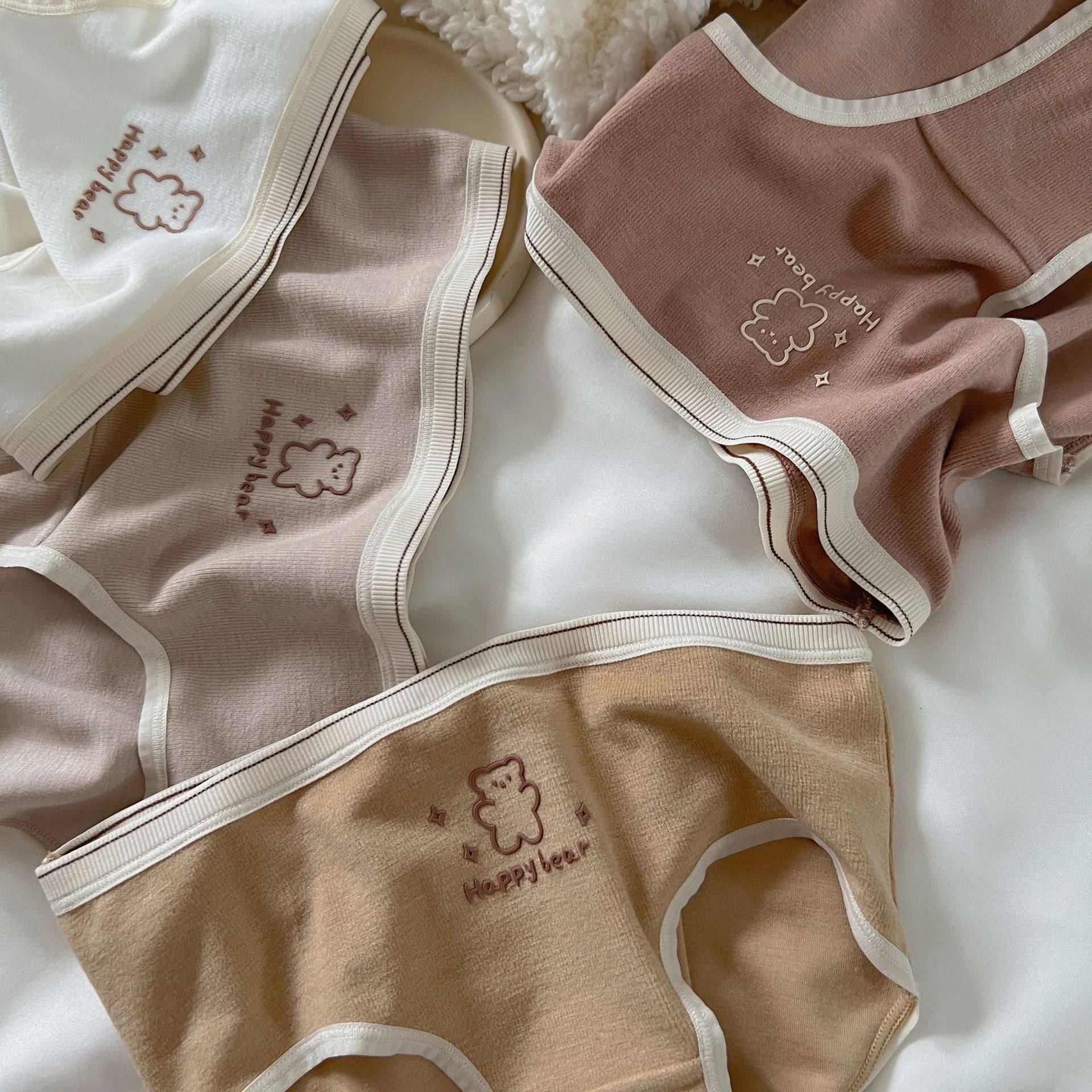 秋冬季泡芙奶油小熊滴胶磨毛德绒自发热可爱少女士螺纹中腰内裤