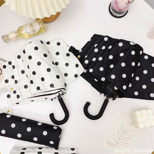 可爱黑白赫本波点黑胶防紫外线弯钩三折叠晴雨伞防晒遮阳太阳伞女