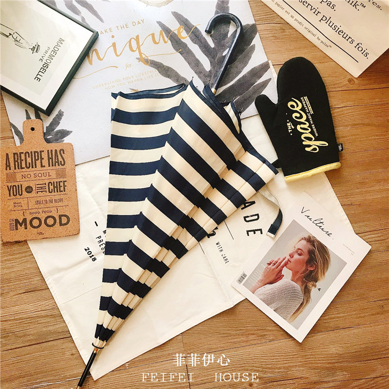 日系ins小清新网红简约海军条纹长柄伞女直柄伞黑胶两用晴雨伞