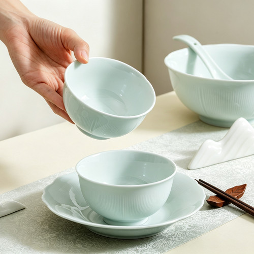 宋式风餐具高温龙泉釉竖纹纹理