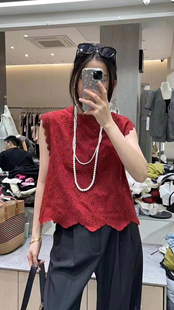 欧洲站2024镂空漏洞花边棉布红色背心女时尚罩衫无袖短上衣洋气潮