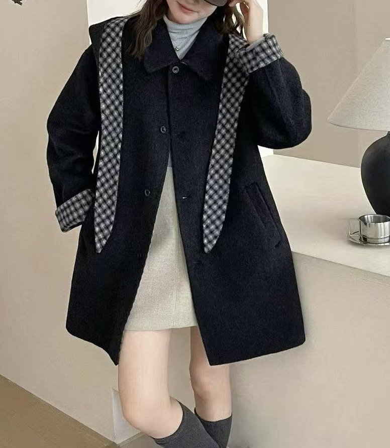 设计感可拆卸格纹拼接连帽双面羊绒大衣女冬学院风中长款毛呢外套