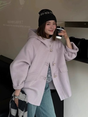 紫色牛角扣双面羊毛大衣女连帽一手长羊毛呢外套宽松显瘦小个子潮