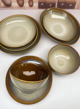 网红仓库酒店餐具蜜糖釉曼谷棕面碗新骨瓷菜盘家用汤盘草帽盘深盘