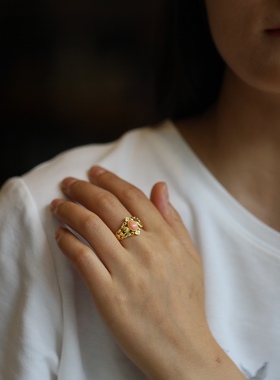 宫廷风古法花丝凤羽戒指女新中式潮黄金食指戒法式百搭红宝石指环