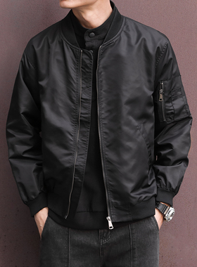 潮牌飞行员夹克男秋冬季宽松复古棒球领上衣美式潮流黑色休闲外套