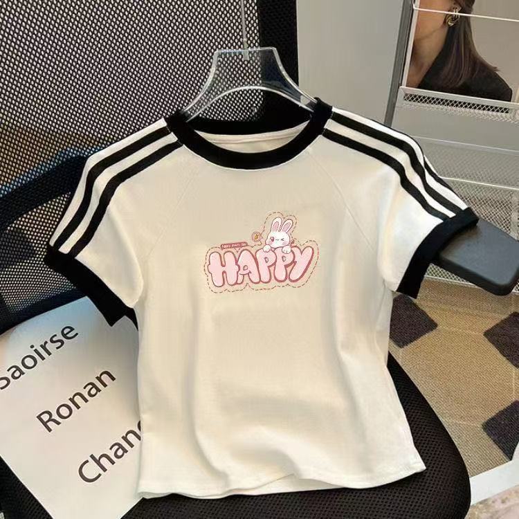 女童纯棉T恤上衣短袖印花三条杆2025新款设计感ins风修身短款外穿