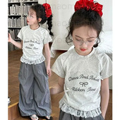 2026新款 女童短袖 t恤夏季 儿童蝴蝶结字母小女孩休闲百搭上衣洋气