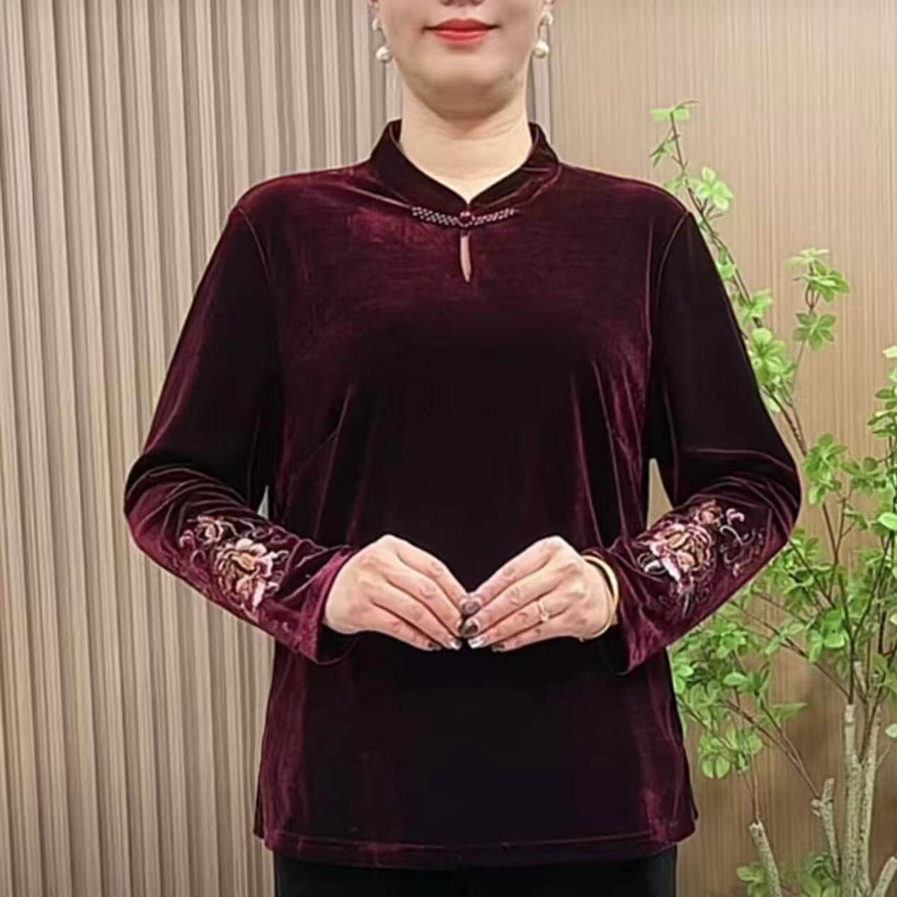 8718妈妈秋冬气质丝绒打底衫中老年女装中国风民族风立领刺绣小衫