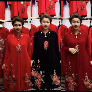 针织改良旗袍裙连衣裙刺绣连衣裙大码 长款 连衣裙 秋冬新款 8822款