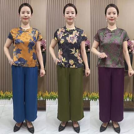 650/639妈妈夏装新中式气质套装中老年女装显瘦两件套装九分裤子
