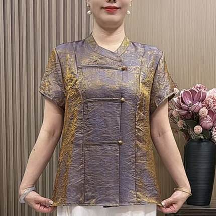 6019夏季新款妈妈装短袖衬衫国风宽松大码遮肉显瘦斜襟新中式上衣