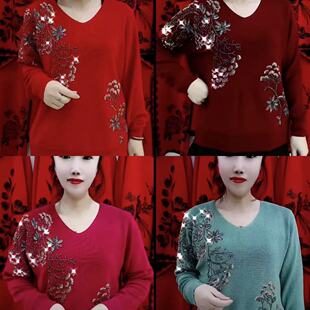 显瘦百搭打底上衣 女妈妈长袖 8809款 国风重工刺绣V领套头针织衫