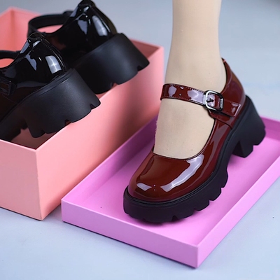 夏季真皮圆头粗跟玛丽珍亮面单鞋