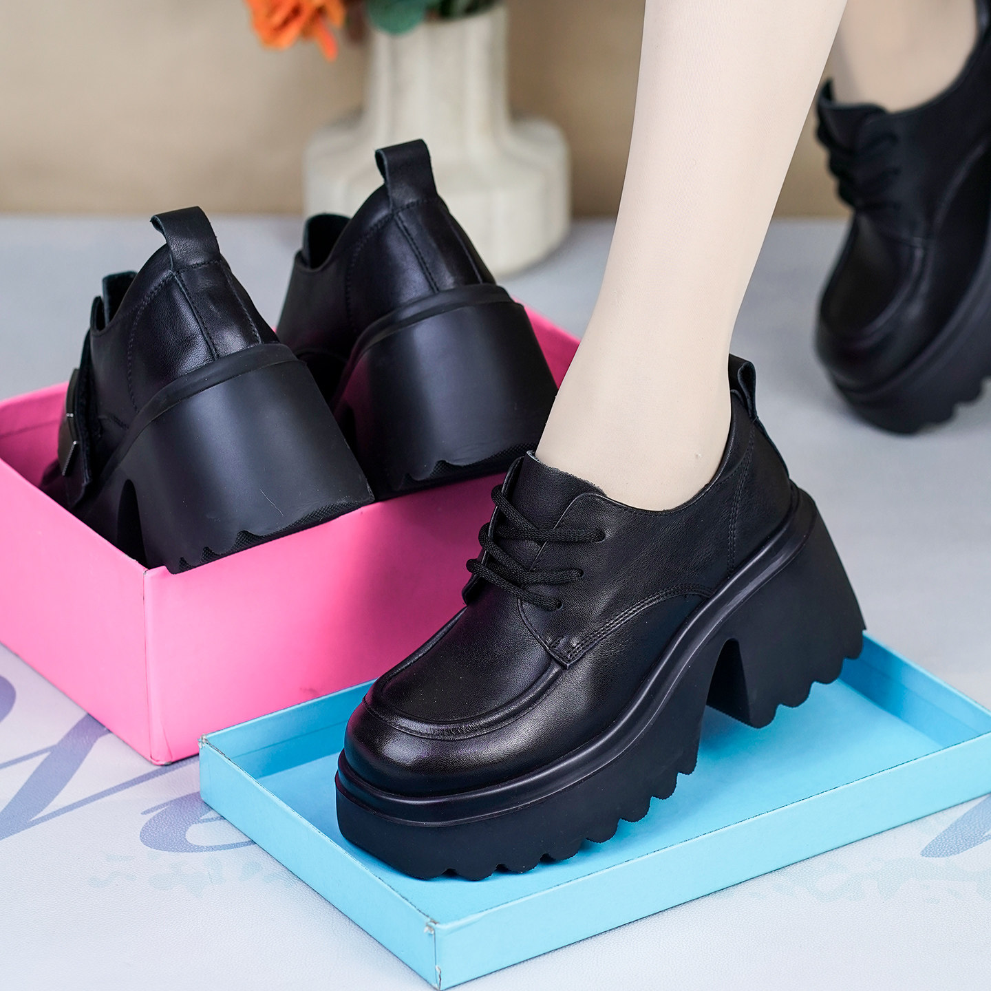 2026春秋新款头层牛皮女单绒鞋高跟厚底系带皮鞋英伦风舒适乐福鞋,女鞋,深口单鞋,淘宝优惠券,粉丝福利购,淘宝优惠卷