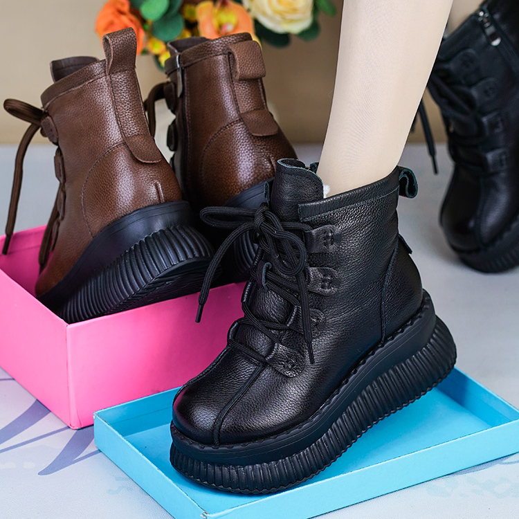 冬季新款真皮厚底单靴加绒羊毛靴