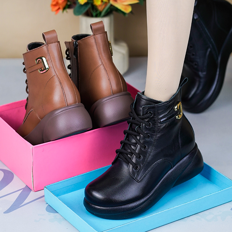 冬季新款真皮厚底加绒羊毛马丁靴