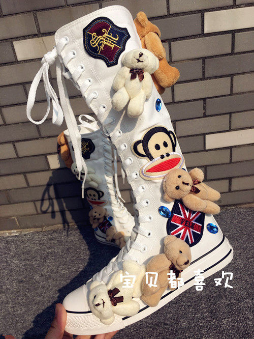 原创韩版泰迪熊高筒潮女学生帆布鞋靴子手工缝制水钻内增高帆布鞋