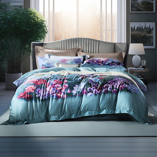 富安娜100支长绒棉四件套纯棉贡缎油画印花全棉双人适用床品套件