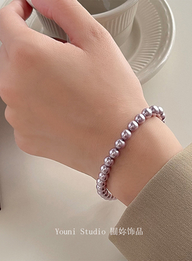 紫色玻璃施家珍珠手链元宝镀真金手链高保色时尚通勤高级优雅手串