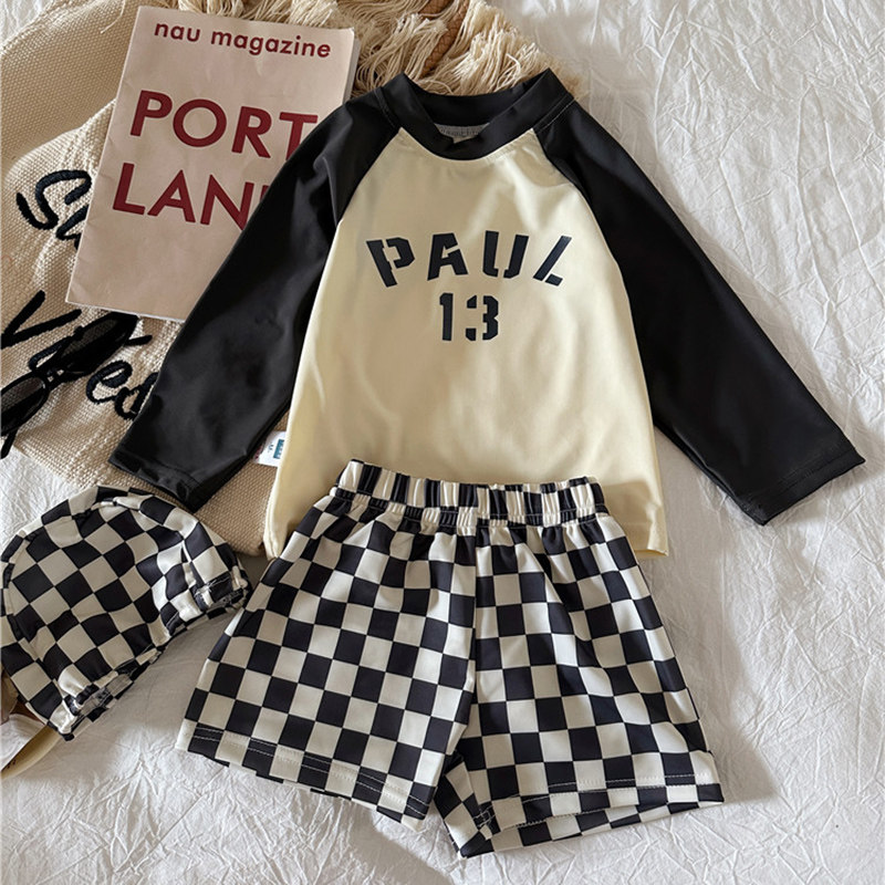 男女童儿童长袖速干游泳衣夏季中大童温泉度沙滩旅游套装格子韩版