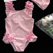 儿童连体泳衣夏季 洋气女宝宝粉色花边可爱吊带束干游泳衣 2025新款