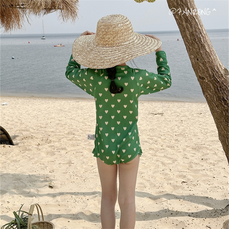 韩版儿童新款游泳衣可爱花边爱心女童宝宝公主泳装长袖防晒泳衣