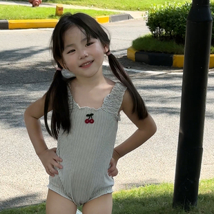 2025夏季 女童条纹泳衣女宝宝速干樱桃游泳衣女孩海边度假泳装