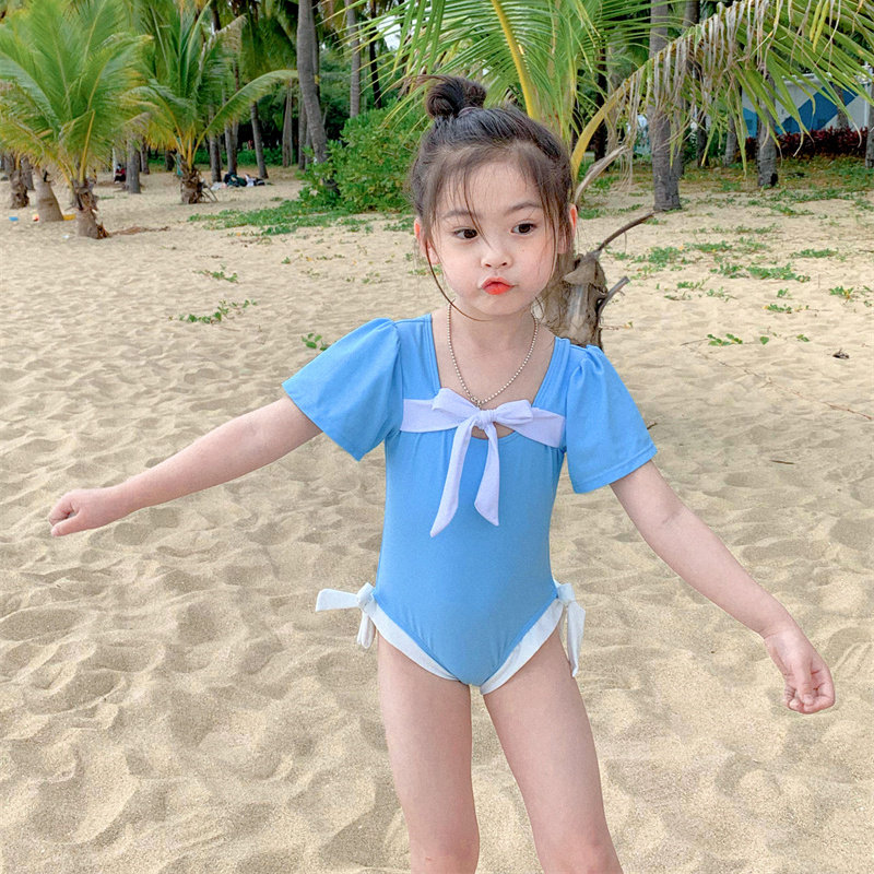 蓝色纯色蝴蝶结露背韩版新款连体女童韩国bikini泳衣