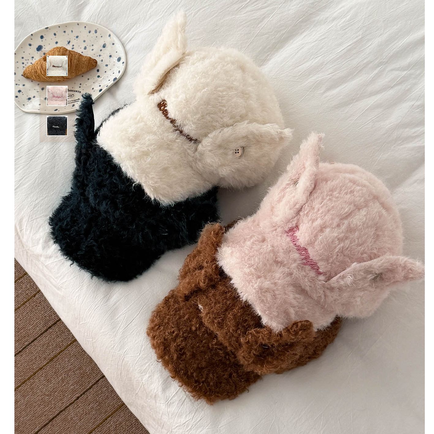 可爱天使翅膀纽扣毛绒棒球帽女款冬季显脸小大头围帽子保暖鸭舌帽