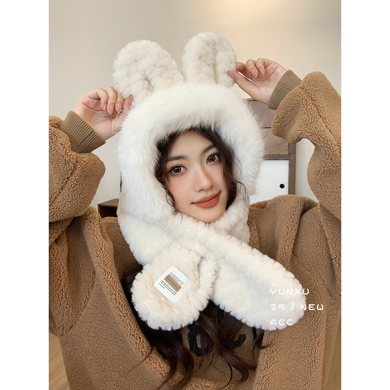 兔耳朵帽子女冬季韩版可爱毛绒保暖帽子围巾一体套装护耳围脖帽