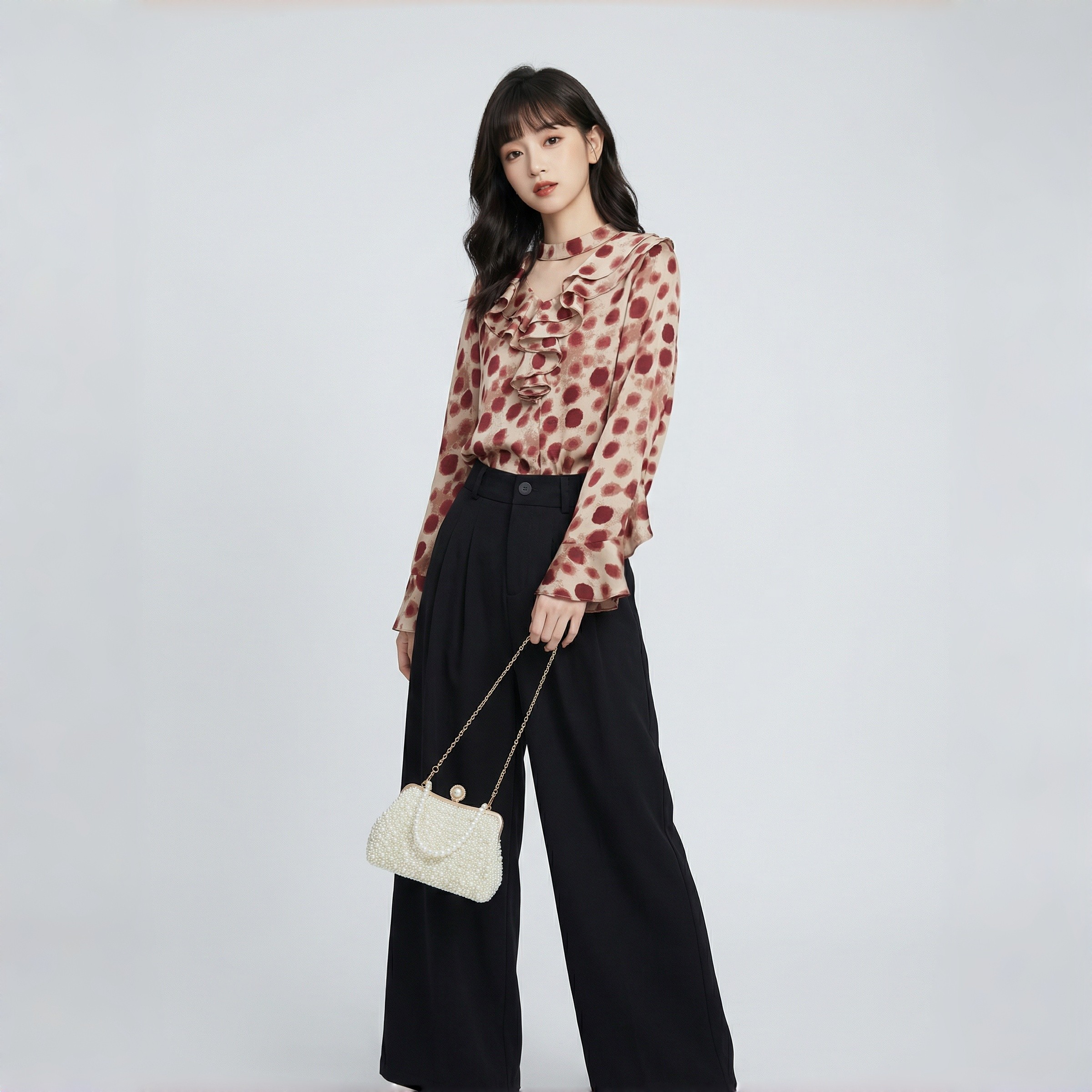 2026春秋新款女上衣时尚立领荷叶边衬衣波点雪纺百搭衬衫