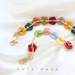 叉子手工夏日新品 女包替换包带单肩手拎链条带子 亚克力小花时尚