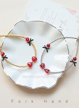 叉子手工diy红色波点珠琉璃珠蝴蝶结手机链装饰链挂链配件饰品