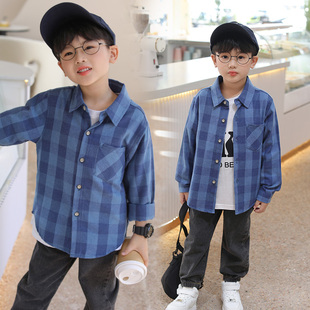 童装男童长袖格子衬衫儿童2025秋季新款蓝色纯棉磨毛薄款帅气衬衣