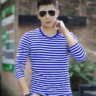 秋冬男装海魂衫 蓝白条纹长袖t恤学院风外穿圆领打底衫修身体恤衫